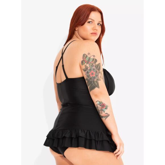 Hot Topic Black Ruffle Skirt One Piece Swimsuit 4X Pin Up Rockabilly‎ Whimsigoth - Picture 4 of 11